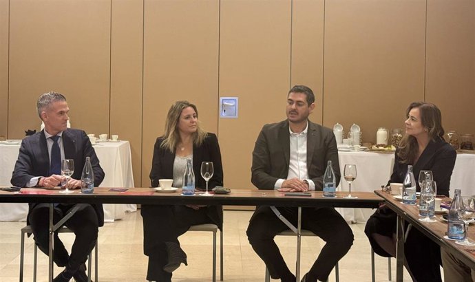 La delegada municipal de Turismo de Sevilla, Angie Moreno, y el director de Programación, Gestión de Ingresos y Alianzas de Binter, Jonay Lobo, en el centro, en la presentación de la ruta área con Canarias, en un céntrico hotel de Tenerife.