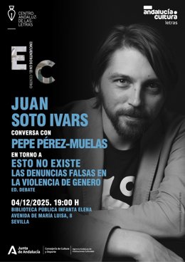 Imagen del cartel de la Biblioteca Infanta Elena anunciando la presentación del libro 'Esto no existe', de Juan Soto Ivars, previsto para este jueves.