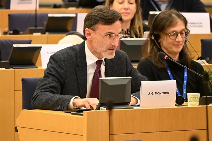 El consejero de Fomento e Infraestructuras, Jorge García Montoro, durante su intervención en las Comisiones de Vivienda y Empleo del Parlamento Europeo