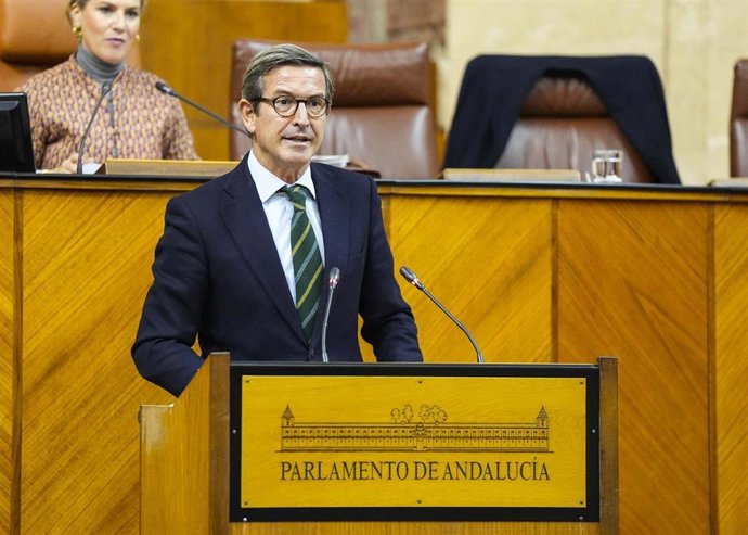 El consejero de Industria, Jorge Paradela, este martes en su turno de cierre en el debate final de la Ley de Espacios Productivos para el Fomento de la Industria en Andalucía.