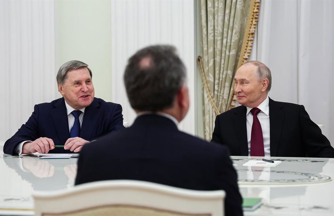 RUSSIA, MOSCOW - DECEMBER 2, 2025: Vladimir Putin, President of Russia, accompanied by his aide Yury Ushakov (R-L back), holds talks with Steve Witkoff, US Special Presidential Envoy, at the Moscow Kremlin