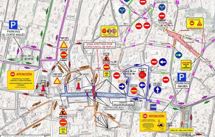 Mapa informativo de los cortes en la calle Laraña de Sevilla
