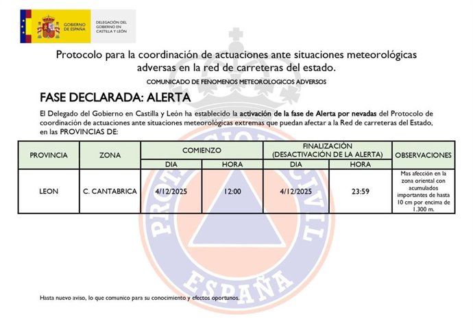 Activación fase de alerta en la Cordillera Cantábrica de León.