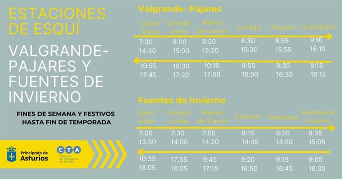 Horarios de autobús a las estaciones de esquí.