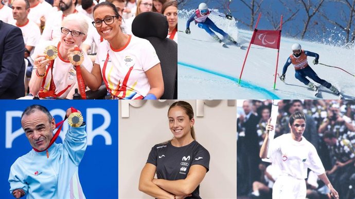 Los deportistas paralímpicos Susana Rodríguez, Teresa Perales (arriba izquierda), Jon Santacana (arriba derecha), Ricardo Ten (abajo izquierda), Audrey Pascual (abajo centro) y Purificación Santamarta.
