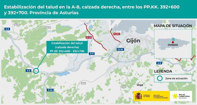 Plano actuación de las obras para estabilizar un talud en la A-8 a la altura de Serín (Gijón).