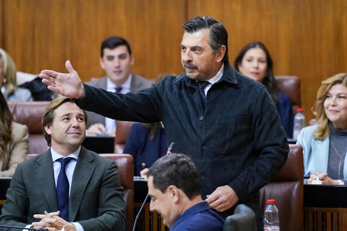 El portavoz del Grupo Parlamentario Popular, Toni Martín, este miércoles en su pregunta al presidente de la Junta, Juanma Moreno, en la sesión de control al gobierno. 