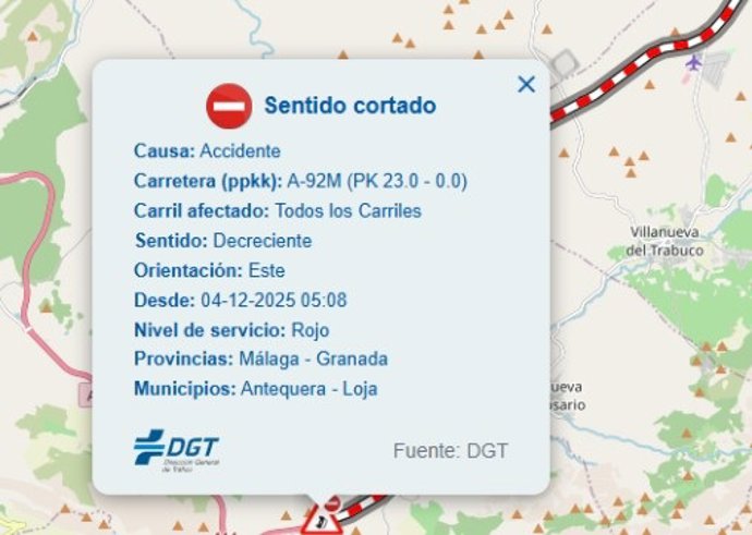 Cortada la A-92M en Antequera (Málaga) en sentido Granada por el accidente de un camión