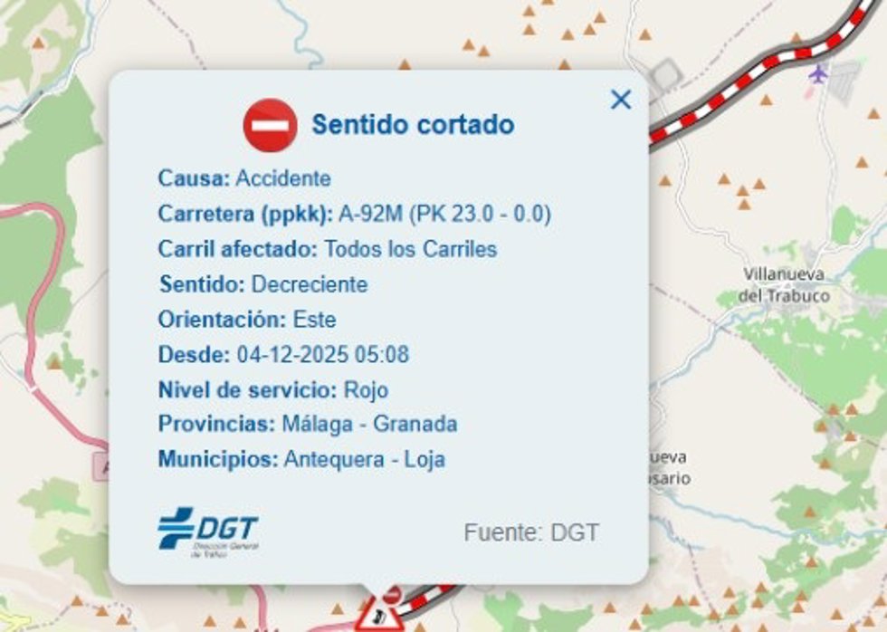 Cortada la A-92M en Antequera (Málaga) en sentido Granada por el accidente de un camión