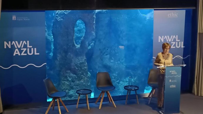 La alcaldesa de Gijón, Carmen Moriyón, interviene en la jornada 'Naval Azul, la nueva puerta al Atlántico', en el Acuario gijonés.