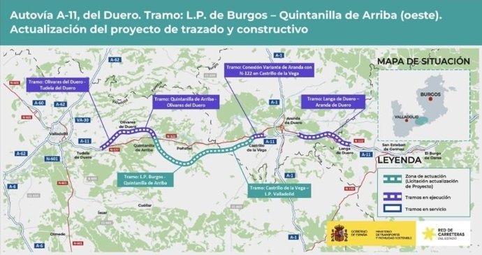 El Ministerio de Transportes adjudica por 5,2 millones la actualización del proyecto de la A-11 entre Quintanilla de Arriba (Valladolid) y el límite con Burgos