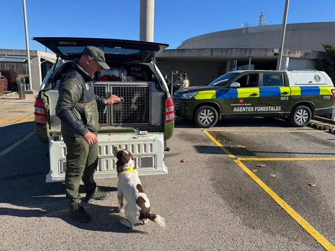 Agentes Forestales de la Comunidad de Madrid junto a un perro de la unidad canina