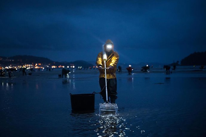 Mariscadoras en la playa de Lourido, en Poio (Pontevedra)