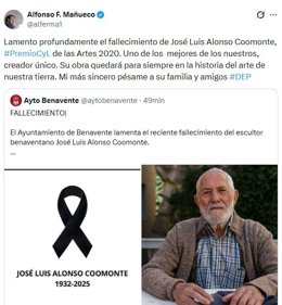 Captura del mensaje publicado por el presidente de la Junta tras conocer el fallecimiento de Coomonte.