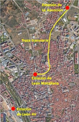 Mapa del estudio de adaptación de la traza ferroviaria de la ciudad León a la circulación de autobuses eléctricos.