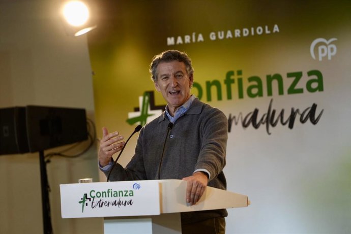El president del Partit Popular, Alberto Núñez Feijóo, durant un míting del PP, a 4 de desembre del 2025, en Don Benito, Badajoz, Extremadura (Espanya). 