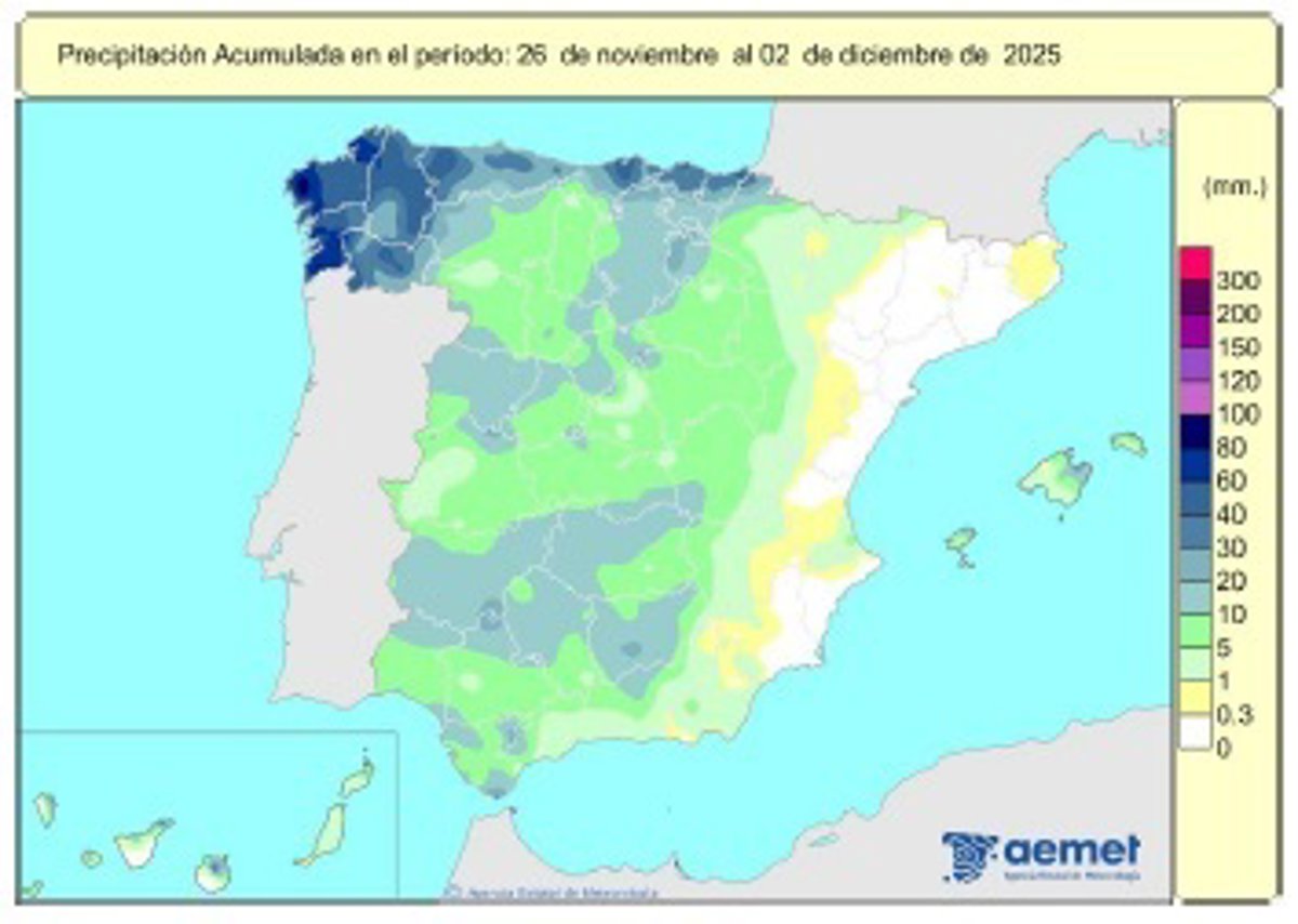España registra 146 l/m2 de lluvias acumuladas desde el 1 de octubre, un 8% menos que lo habitual