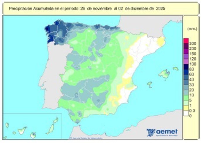 España registra 146 l/m2 de lluvias acumuladas desde el 1 de octubre, un 8% menos que lo habitual.