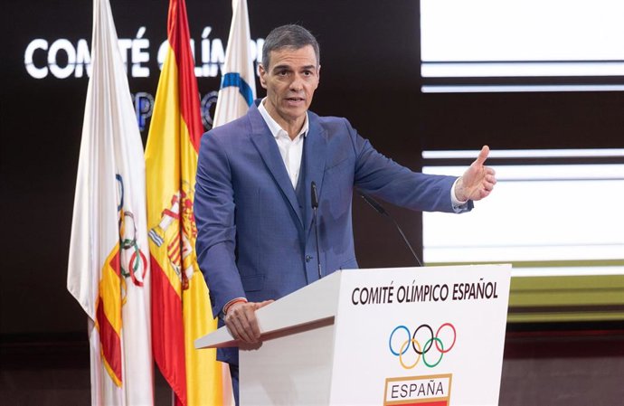 El presidente del Gobierno, Pedro Sánchez, durante la presentación del proyecto Modelo del Deporte español en la ede del Comité Olímpico Español (COE)