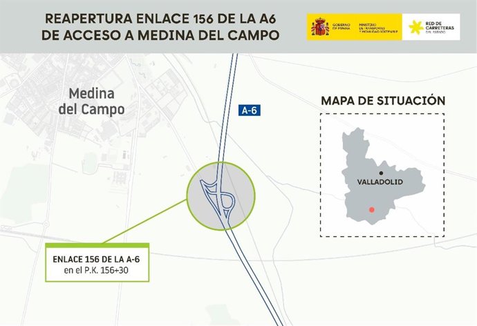 Transportes reabre el enlace 156 de la A-6 de acceso a Medina del Campo en la que ha invertido más de 1,3 millones de euros