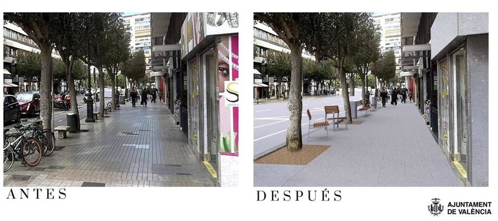 Imagen de la calle Colón de Valncia antes y después de la remodelación anunciada por la alcaldesa de la ciudad, María José Catalá.