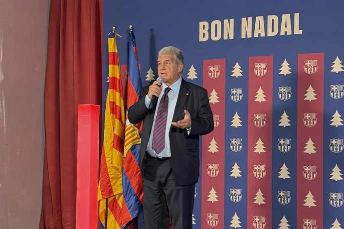 El presidente del FC Barcelona, Joan Laporta, en el discurso de la comida navideña con la prensa de Barcelona