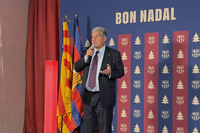 El presidente del FC Barcelona, Joan Laporta, en el discurso de la comida navideña con la prensa de Barcelona