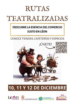 Cartel de las rutas teatralizadas impulsadas desde el Ayuntamiento de León pata fomentar las compras en el comercio justo y de proximidad.