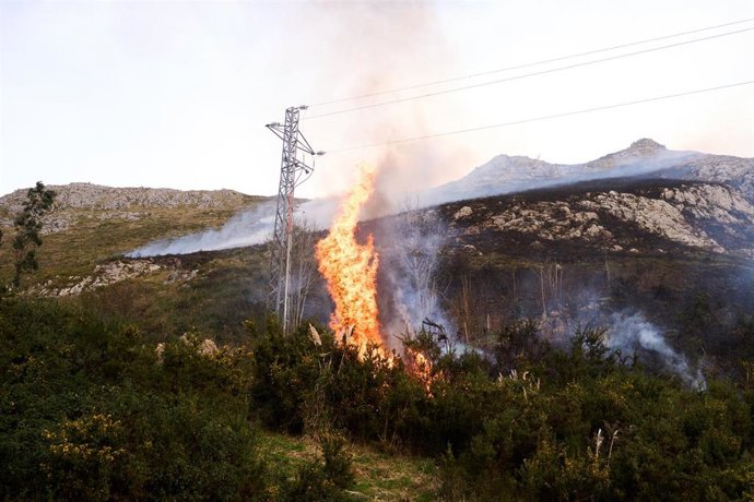 Vista de las llamas ocasionadas por un Incendio forestal en Puente Viesgo, a 13 de noviembre de 2025, en Cantabria (España). 