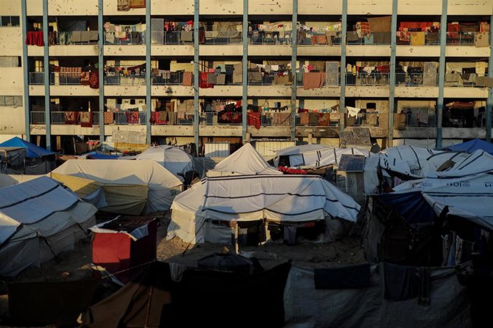 Tents outside an UNRWA school bombed by Israel in Gaza