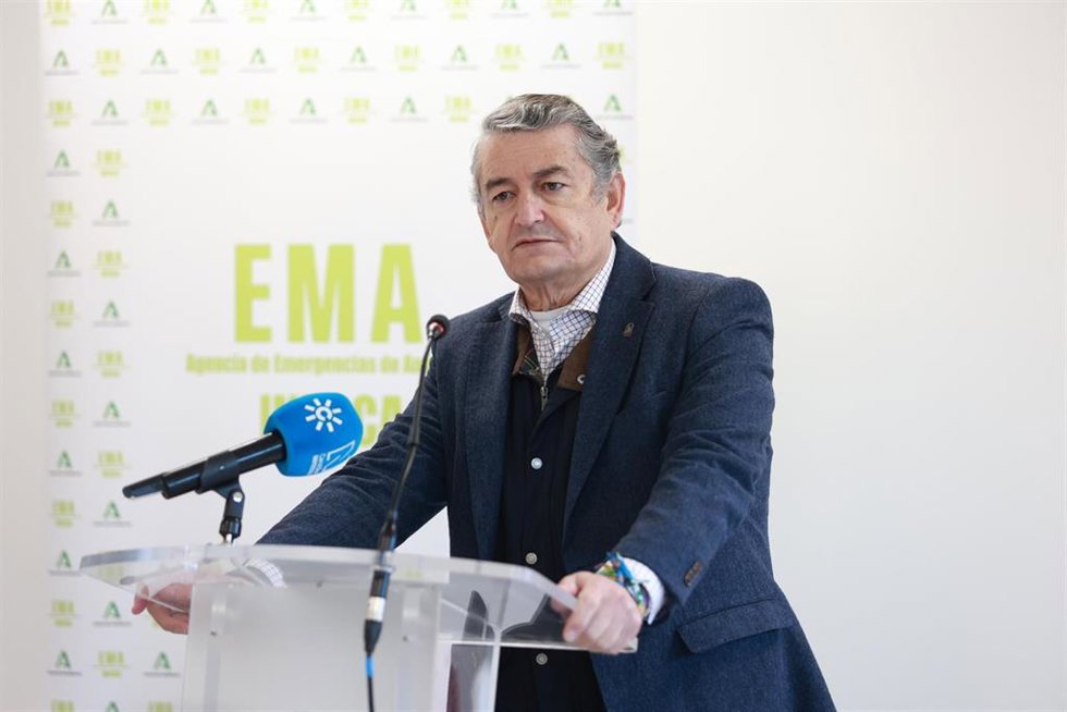 El consejero de Sanidad, Presidencia y Emergencias de la Junta de Andalucía, Antonio Sanz, interviene en la inauguración del nuevoCentro de Defensa Forestal (Cedefo) El Pedroso. A 5 de diciembre de 2025, en El Pedroso, Sevilla (Andalucía, España). 