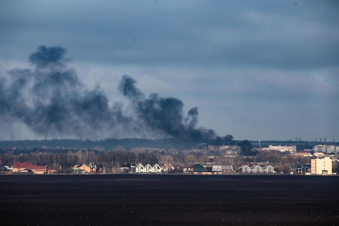 November 30, 2025, Sumy, Ukraine: Column of smoke rises at an electrical substation following a Russian drone attack in Sumy. The Russian army attacked Sumy several times with drones. Part of the city was left without electricity or water due to the attac