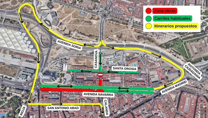 Mapa de la zona de la segunda fase de las obras de la avenida Navarra, las calles cortadas y los recorridos alternativos que propone el Ayuntamiento.