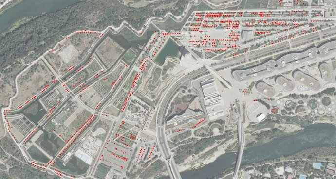 Captura del plano de la Asociación Legado Expo en el que esta detalla con puntos rojos los árboles que han desaparecido en el Parque del Agua. Contabiliza 839.