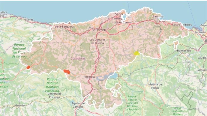 Mapa con incidencias en carreteras en Cantabria, que tiene todos abiertos todos los puertos de montaña, aunque se recomienda precaución en Lunada