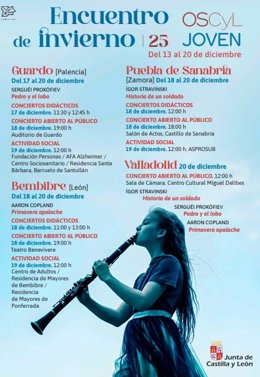 Cartel con las actividades que organiza la OSCyL joven dentro de su Encuentro de Invierno 2025.