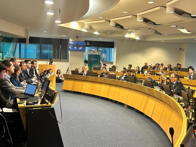 Imagen de la intervención del secretario general de Agua, Ramiro Ángulo, en el I Foro Europeo Water Resilience, celebrado en Bruselas.