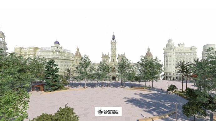 Imagen del anteproyecto de reforma de la plaza del Ayuntamiento de València con la propuesta planteada para el centro, la zona en la que se disparan las 'mascletaes' y a la que se prevé dar forma elíptica.