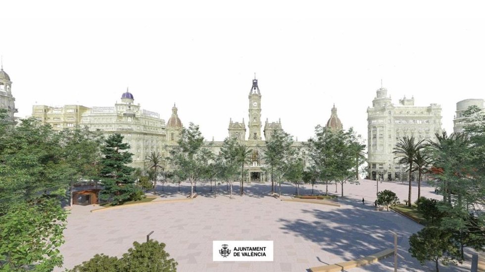 Imagen del anteproyecto de reforma de la plaza del Ayuntamiento de Valncia con la propuesta planteada para el centro, la zona en la que se disparan las 'mascletaes' y a la que se prevé dar forma elíptica.