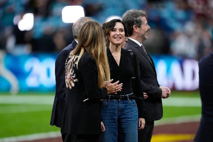 Isabel Diaz Ayuso, President of the Community of Madrid looks on during the National Football League (NFL) 2025 Madrid Game,