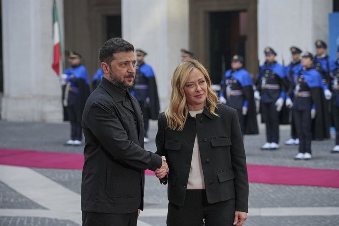 Roma, Rm, IT: Meeting at Palazzo Chigi between Prime Minister Giorgia Meloni and Ukrainian President Volodymyr Zelensky. Pictured: Volodymyr Zelensky, Giorgia Meloni