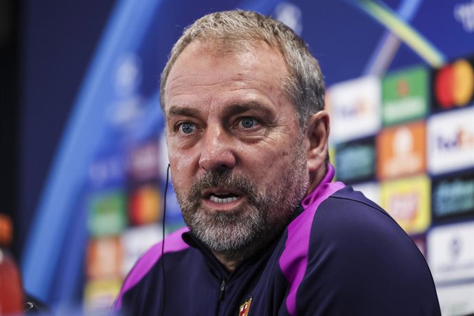 Hansi Flick, head coach of FC Barcelona, attends his press conference during the training day of FC Barcelona ahead the UEFA Champions League 2025/26, football match against Eintracht Francfort?? at Ciudad Esportiva Joan Gamper on December 08, 2025 in San