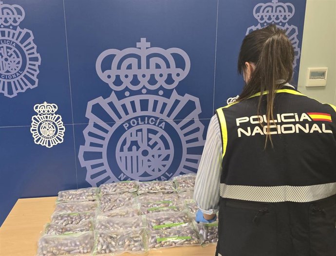 Agente de la Policía Nacional junto a bellotas de hachís incautadas.