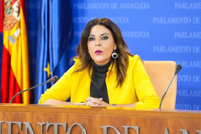 La portavoz adjunta del Grupo Parlamentario Socialista, Ángeles Férriz, durante la ronda de ruedas de prensa de portavoces de los grupos parlamentarios en el Parlamento de Andalucía, a 10 de diciembre de 2025 en Sevilla (Andalucía, España). Los portavoces