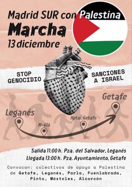 Cartel de la manifestación entre Getafe y Leganés en contra del "genocidio" en Gaza y en favor de sanciones a Israel