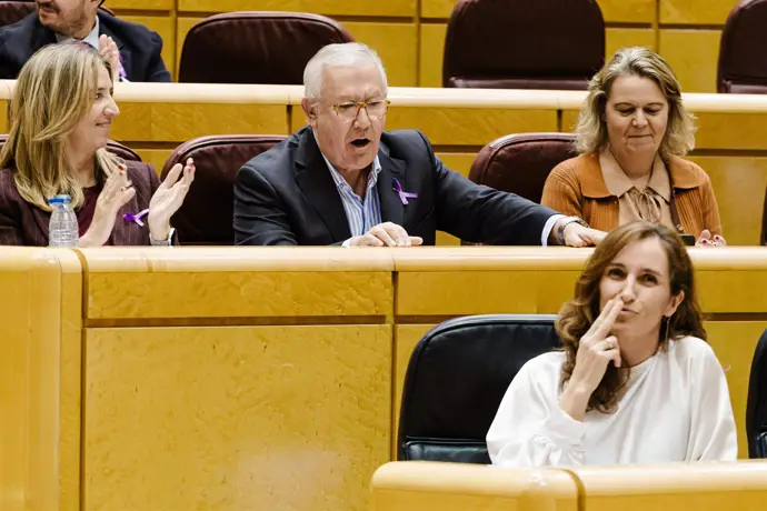 La ministra de Sanidad, Mónica García y el senador del PP Javier Arenas, discuten durante una sesión plenaria en el Senado, a 25 de noviembre de 2025, en Madrid (España).