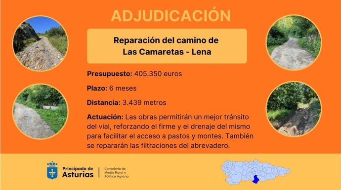 Obras de reparación del camino de Las Camaretas, en el concejo de Lena.