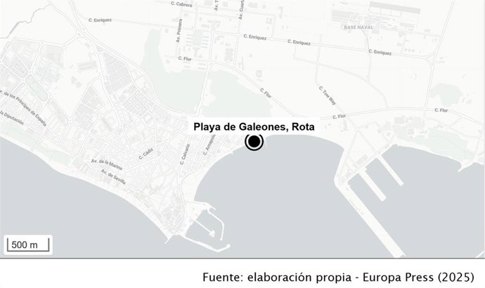 Ubicación donde ha aparecido el cuerpo sin vida de un hombre de unos 70 años en una playa de Rota.