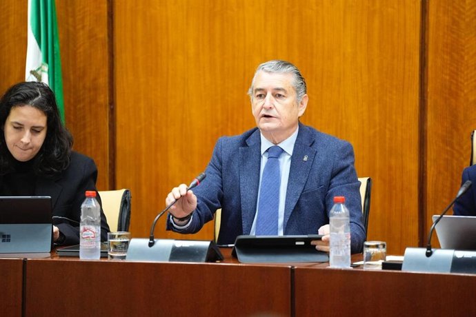El consejero de Sanidad, Presidencia y Emergencias de la Junta de Andalucía, Antonio Sanz, en la comisión parlamentaria del 11 de diciembre de 2025.