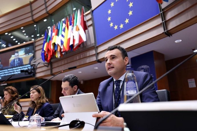 El consejero, Guillermo Peláez, durante su intervención en el pleno del Comité Europeo de las Regiones.